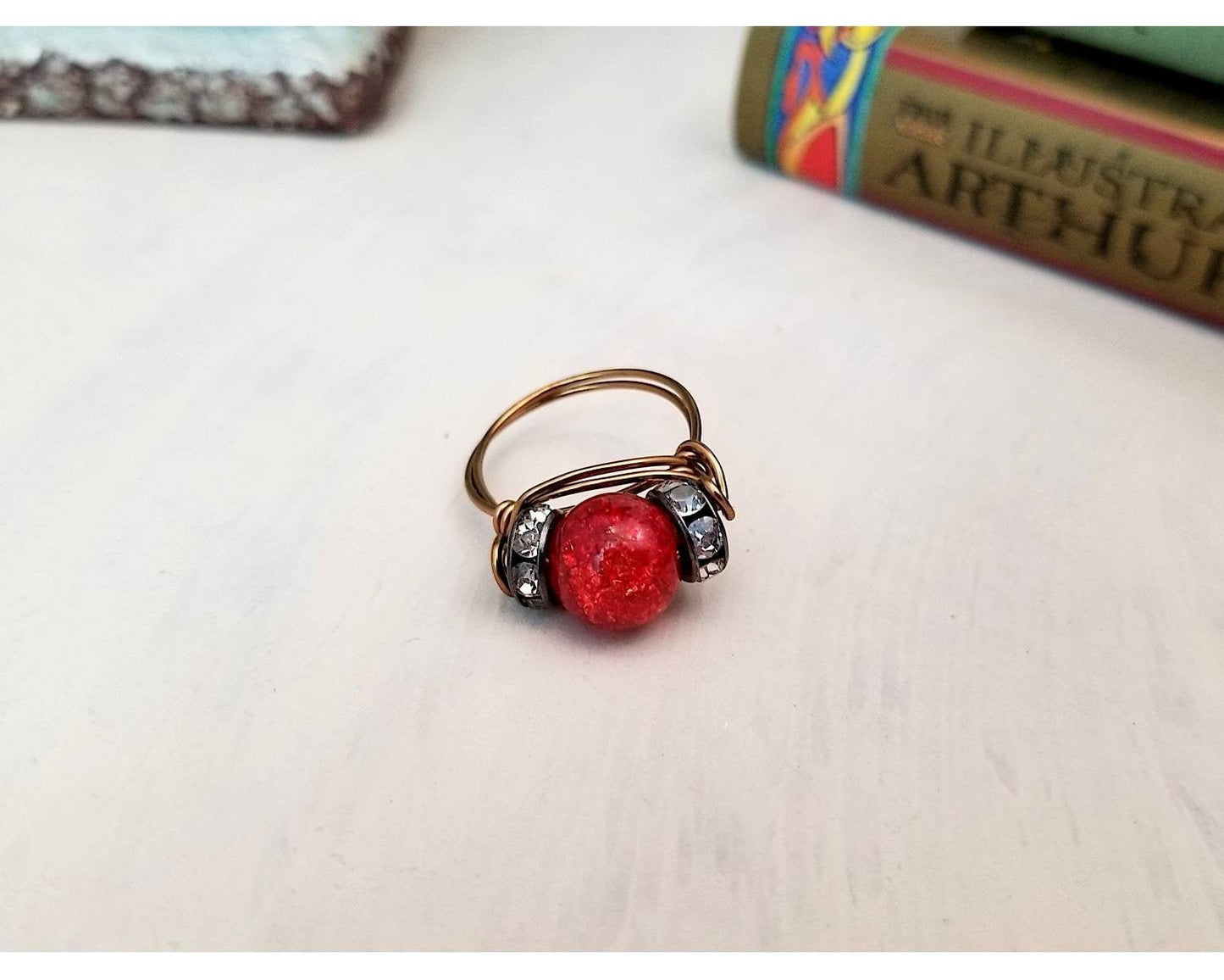 Wire Ring in Red-Orange Crackle with Rhinestones, Fairy Tale, Renaissance, Medieval, Choice of Colors and Metals