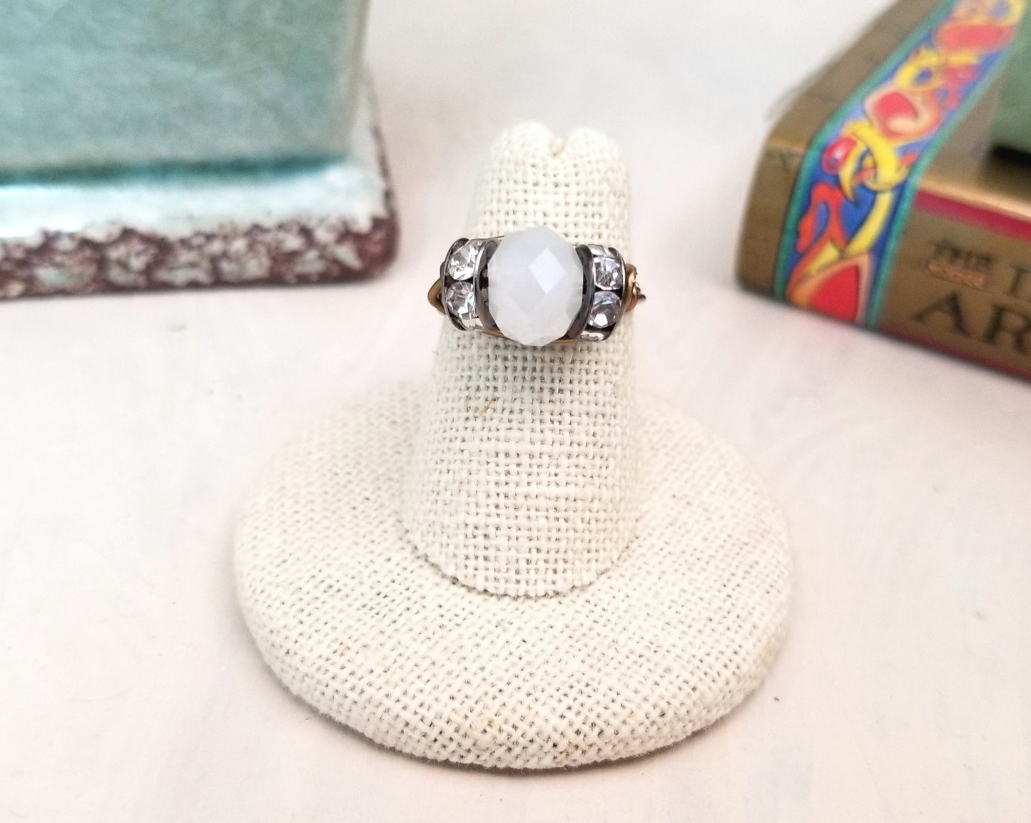 Wire Ring in Moonstone White with Rhinestones, Fairy Tale, Renaissance, Medieval, Choice of Colors and Metals