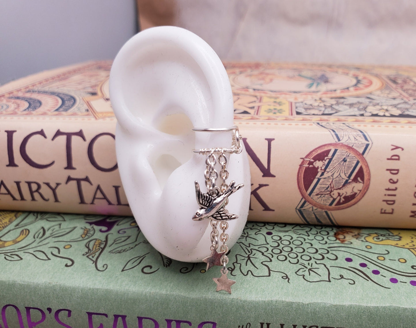 Ear Cartilage Cuff in Silver with Charm Dangles on Chains, Adjustable, Unisex, Boho, Bird + Stars, Tinkling Bells, Feathers, Spikes