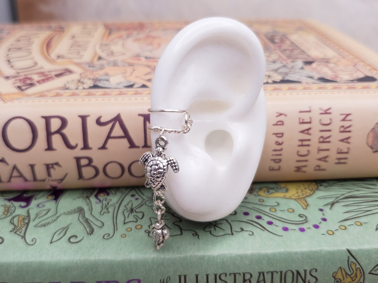 Ear Cartilage Cuff in Silver with Charm Dangles on Chains, Adjustable, Unisex, Boho, Turtle, Feather, Leaf, Bird, Wing