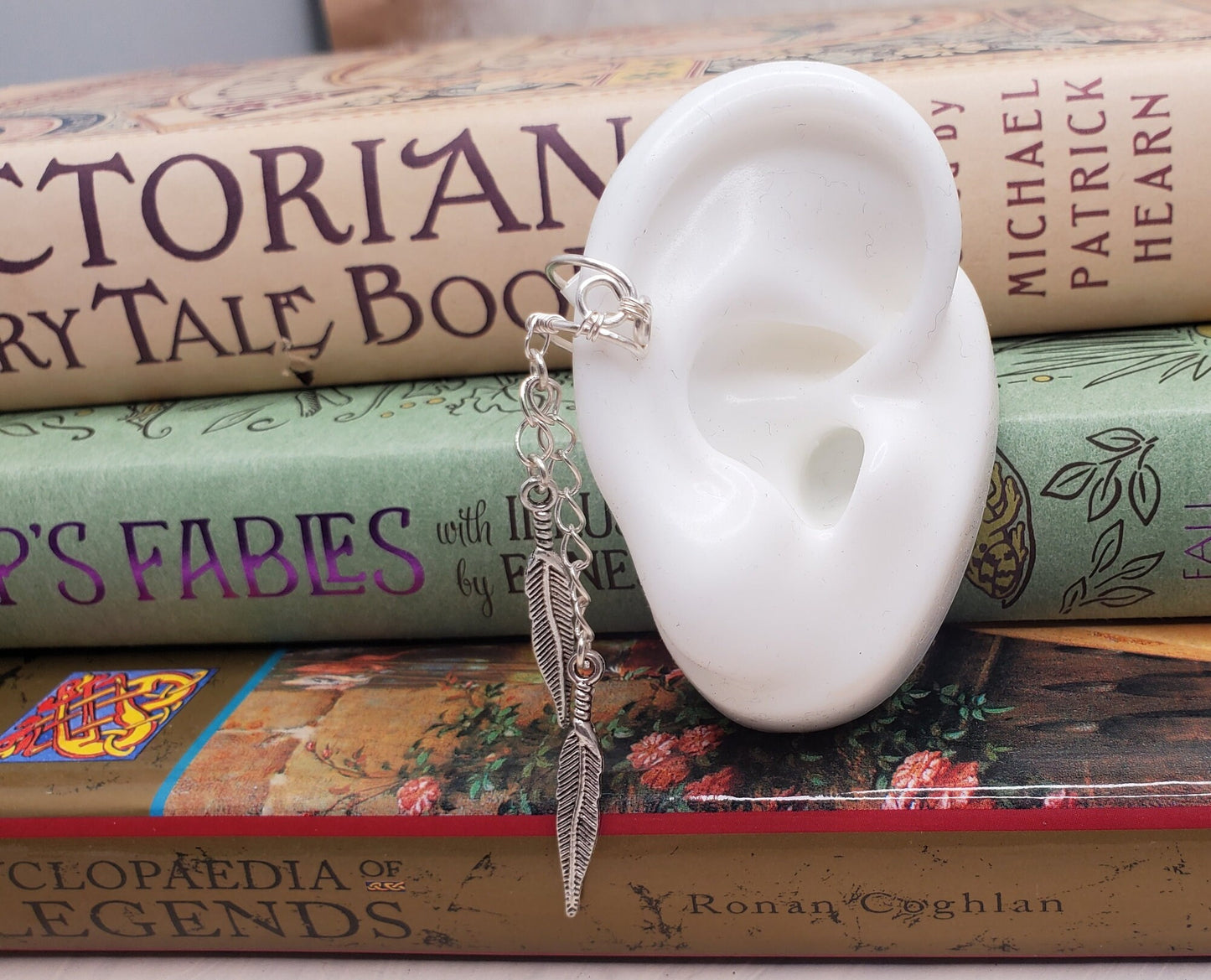 Ear Cartilage Cuff in Silver with Charm Dangles on Chains, Adjustable, Unisex, Boho, Turtle, Feather, Leaf, Bird, Wing