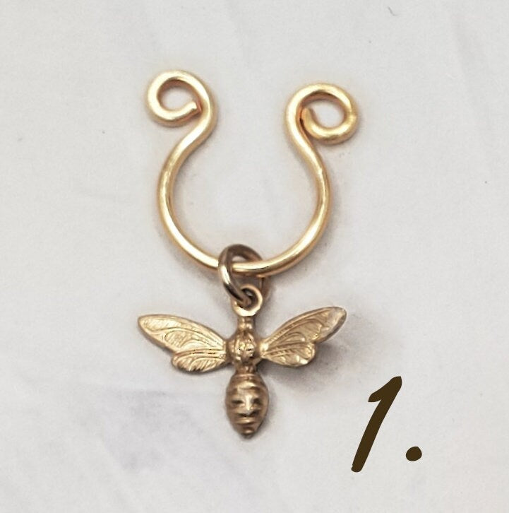 Nose Septum Ring Cuff with Dangle, 14K Gold Filled or Plated, FAKE, No Piercing, Adjustable, Unisex, Choice of Charms Bee Gear Heart Bird