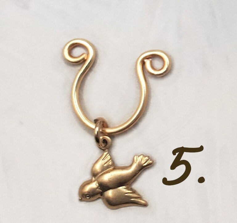 Nose Septum Ring Cuff with Dangle, 14K Gold Filled or Plated, FAKE, No Piercing, Adjustable, Unisex, Choice of Charms Bee Gear Heart Bird