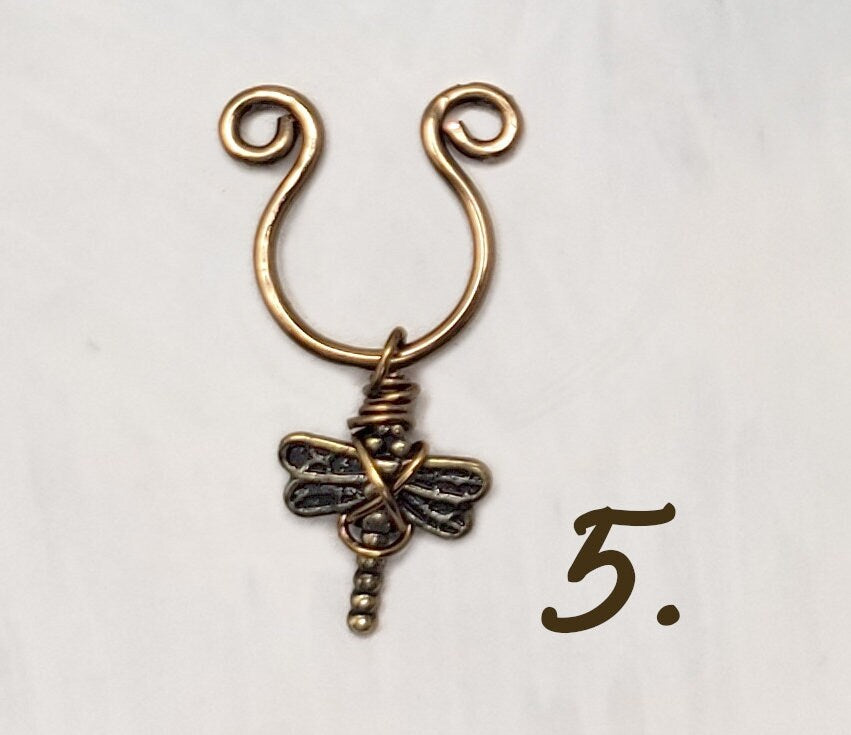 Nose Septum Ring Cuff with Dangle, Antique Brass/Bronze, FAKE, No Piercing, Adjustable, Unisex, Choice of Charms Key Feather Star Heart Leaf