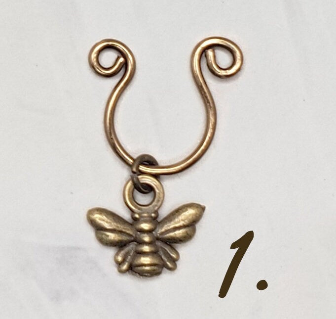 Nose Septum Ring Cuff with Dangle, Antique Brass/Bronze, FAKE, No Piercing, Adjustable, Unisex, Choice of Charms Bee Butterfly Heart Bell