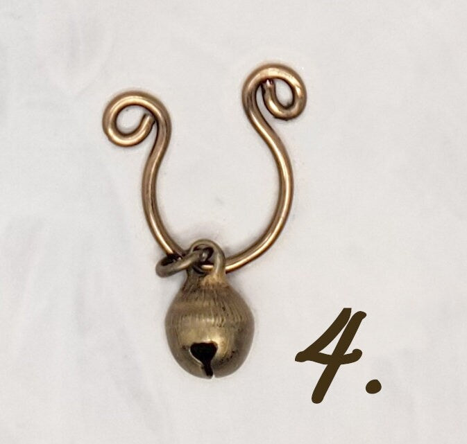 Nose Septum Ring Cuff with Dangle, Antique Brass/Bronze, FAKE, No Piercing, Adjustable, Unisex, Choice of Charms Bee Butterfly Heart Bell