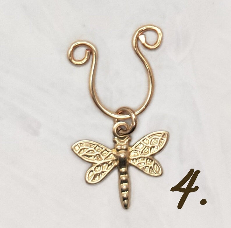Nose Septum Ring Cuff with Dangle, 14K Gold Filled or Plated, FAKE, No Piercing, Adjustable Unisex, Choice of Charms Moustache Sun Dragonfly