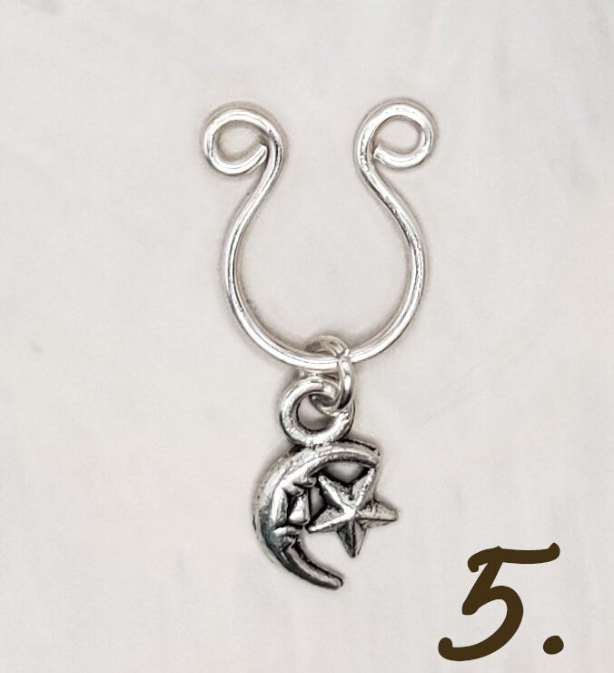 Nose Septum Ring Cuff with Dangle, Sterling Silver or Plated, FAKE, No Piercing, Adjustable, Unisex, Flower Butterfly Key Moon Star Dolphin