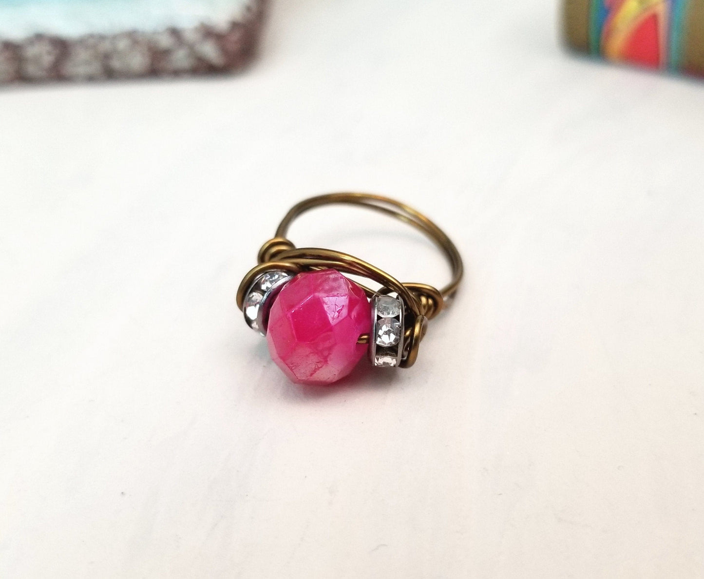 Wire Ring in Red with Rhinestones, Fairy Tale, Renaissance, Medieval, Choice of Colors and Metals
