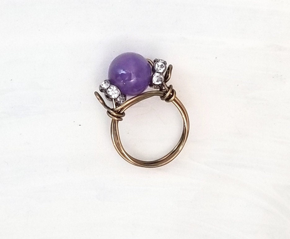 Wire Ring in Purple Amethyst with Rhinestones, Fairy Tale, Renaissance, Medieval, Choice of Colors and Metals