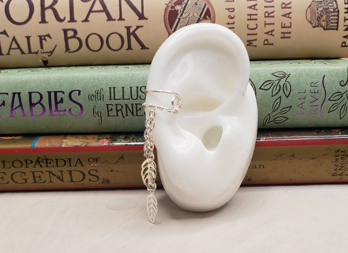 Ear Cartilage Cuff in Silver with Charm Dangles on Chains, Adjustable, Unisex, Boho, Dragonfly, Leaf, Wing, Moon + Stars