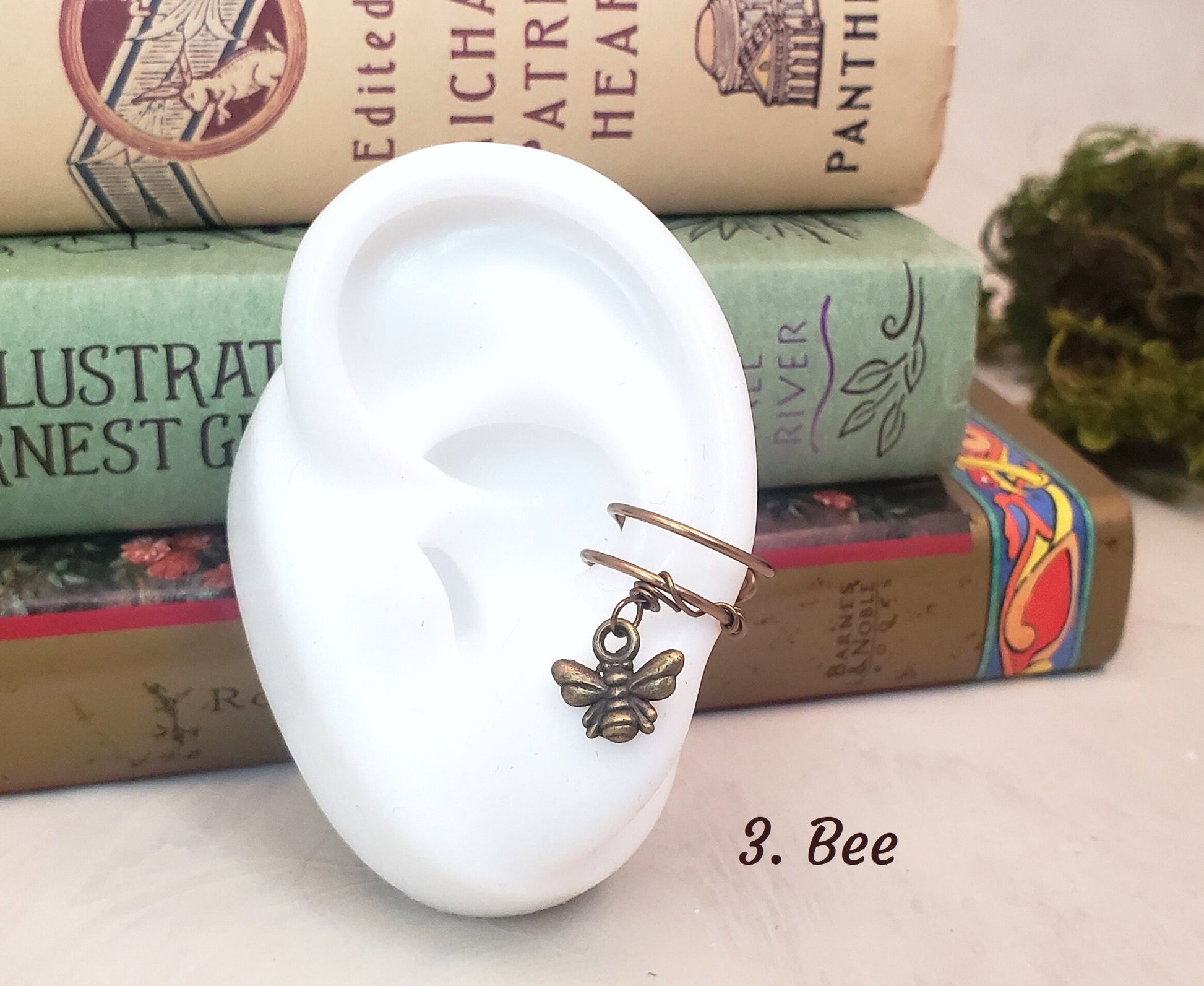 Ear Cartilage Cuff in Antique Brass/Bronze with Charm Dangles, Adjustable, Unisex, Heart, Bee, Rose, Feather