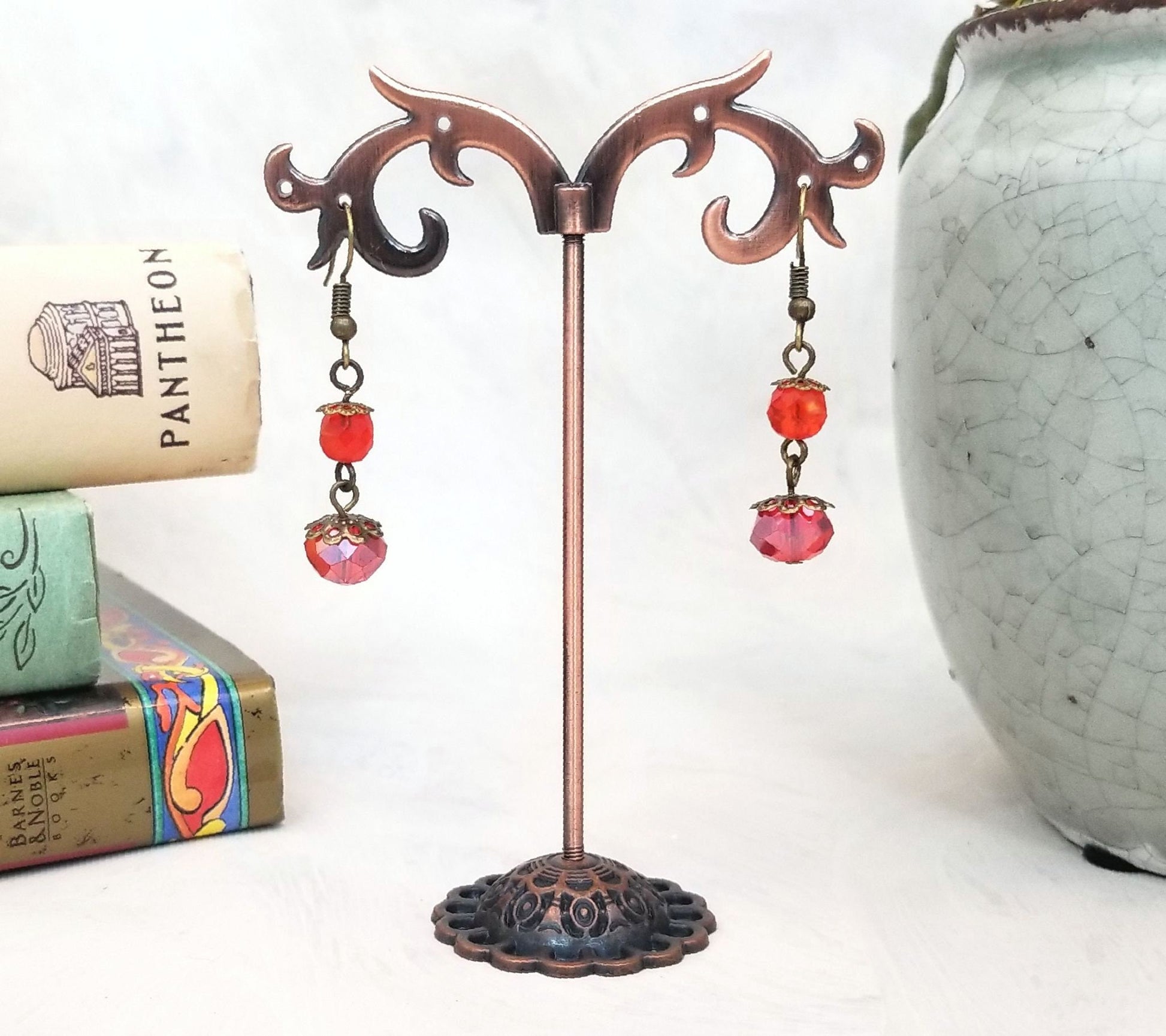 2-Tier Earrings in Hyacinth Red-Orange, Wedding, Bridesmaid, Art Nouveau, Belle Époque, Renaissance, Garden, Choice of Metals Closure Types