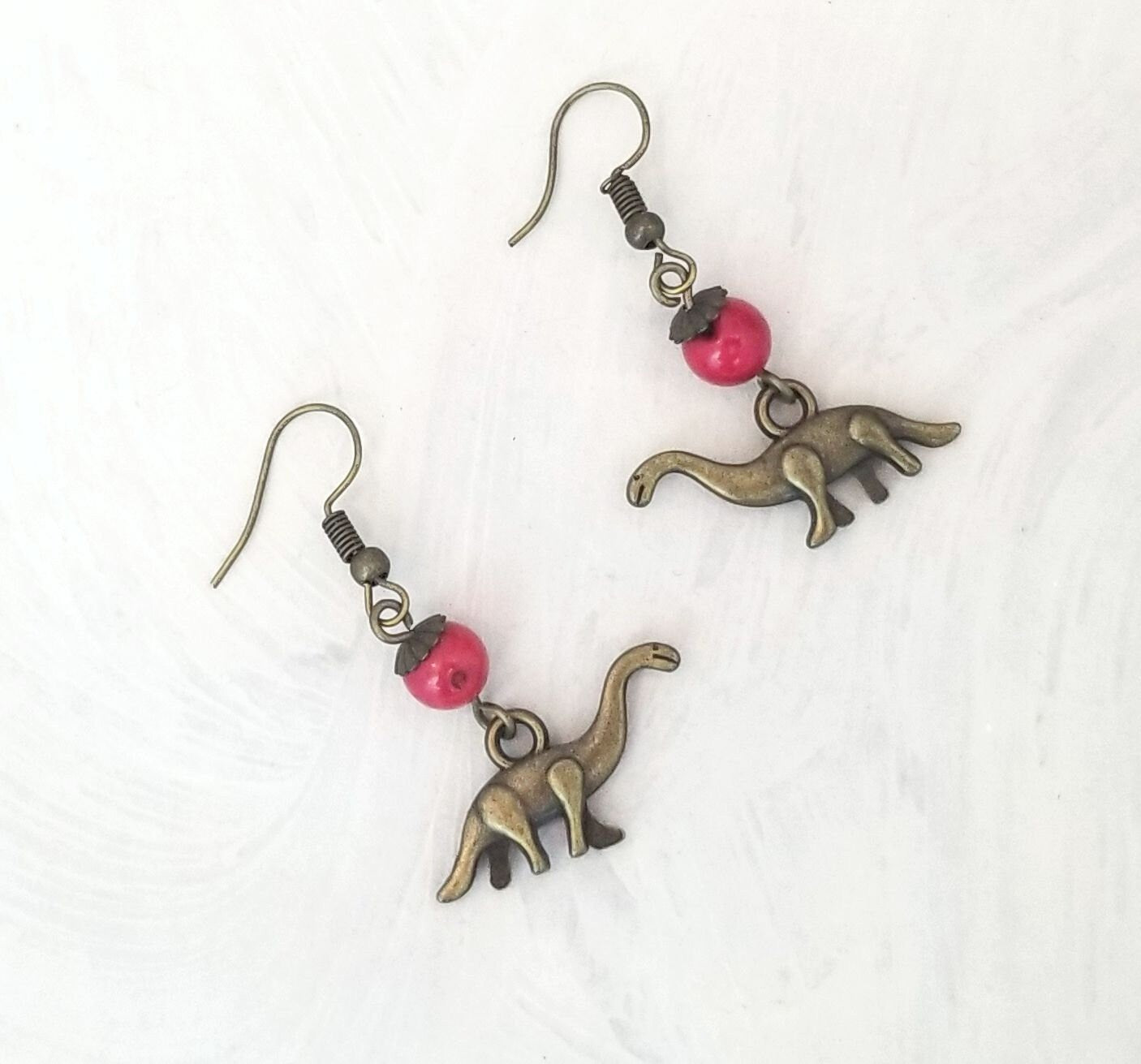 Earrings with Brontosaurus Dinosaur Charms, Steampunk, Wedding, Bridesmaid, Art Nouveau, Garden, Deep Pink, Red, More Colors Available