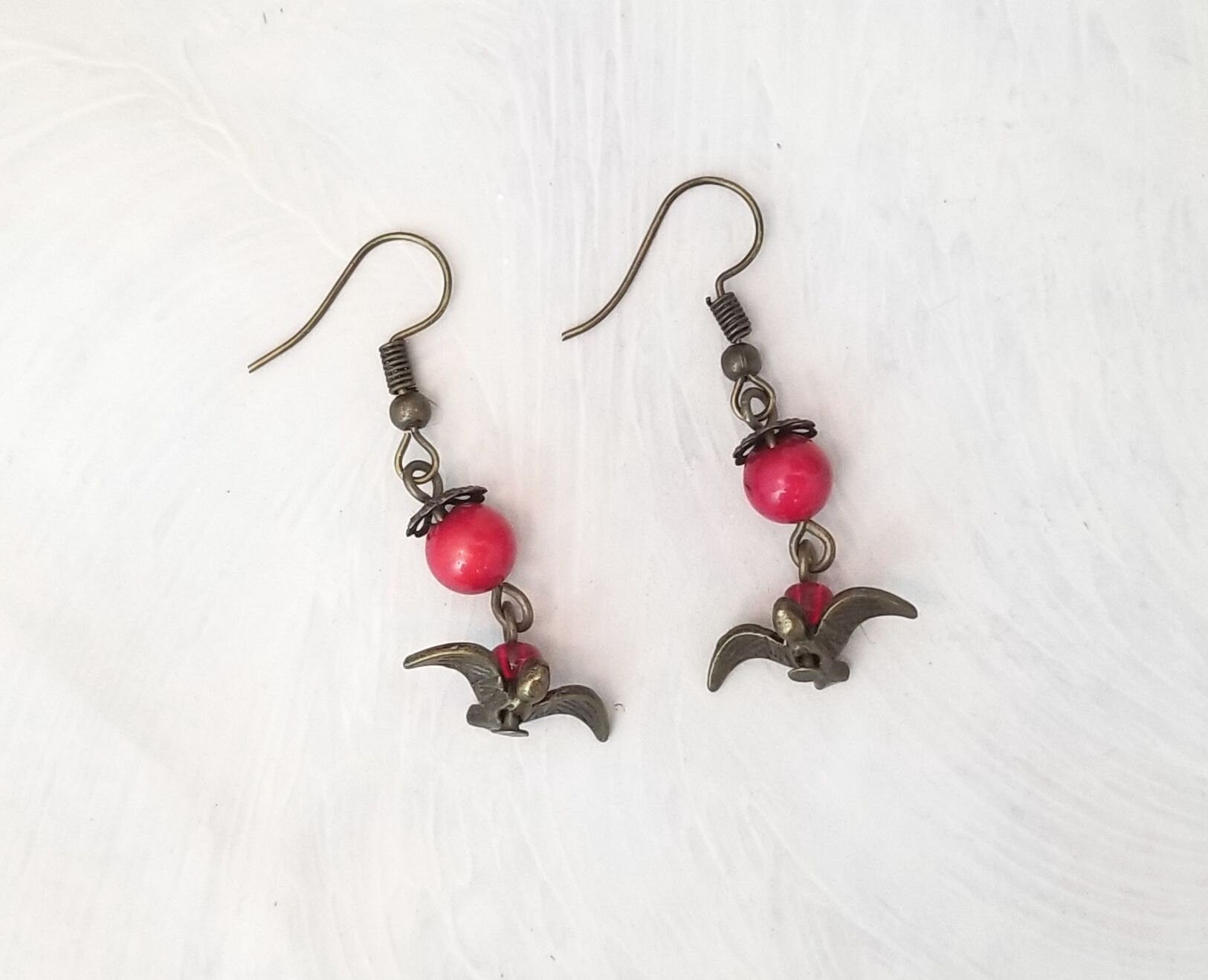 Earrings with Flying Bird Charms, Party, Wedding, Bridesmaid, Art Nouveau, Belle Époque, Renaissance, Garden, Red, More Colors Available