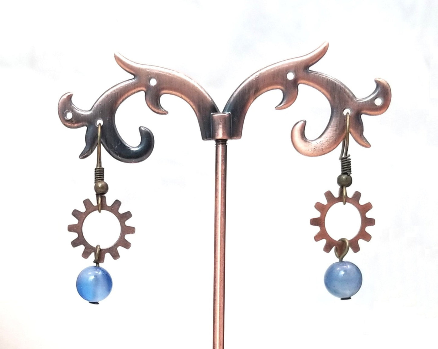 Earrings with Gear Over Bead, Steampunk, Wedding, Bridesmaid, Art Nouveau, Belle Époque, Renaissance, Garden, Choice of Colors