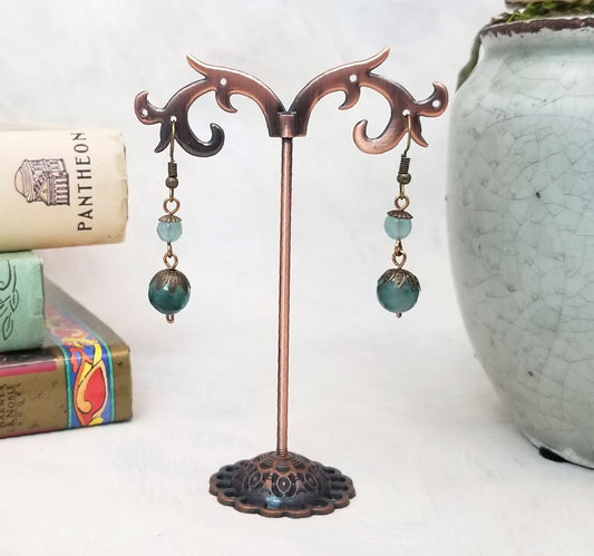 2-Tier Earrings in Teal Blue Stone, Wedding, Bridesmaid, Art Nouveau, Belle Époque, Renaissance, Garden, Choice of Metals and Closure Types