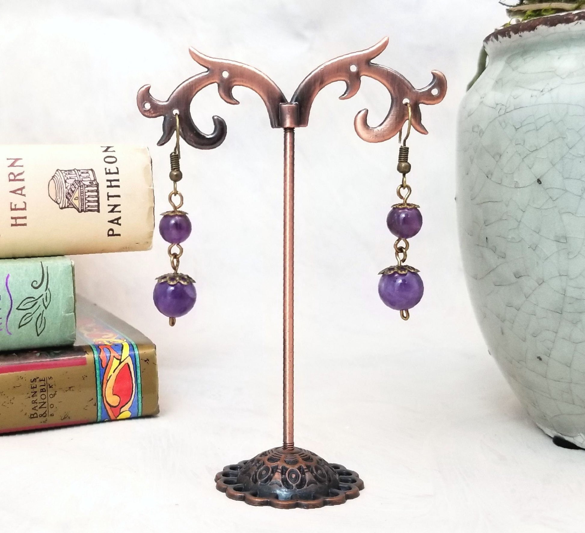 2-Tier Earrings in Purple, Wedding, Bridesmaid, Art Nouveau, Belle Époque, Renaissance, Garden, Choice of Metals and Closure Types