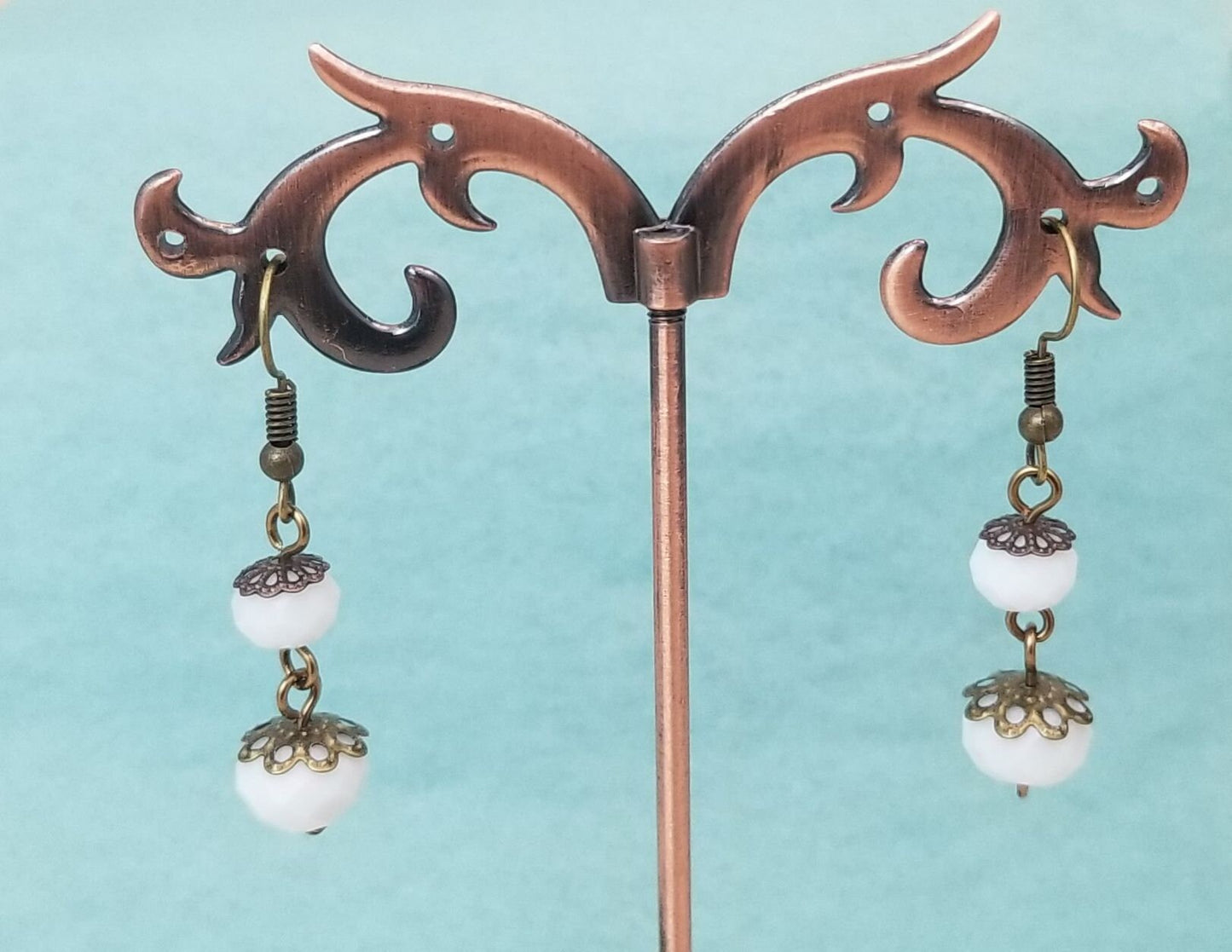 2-Tier Earrings in Opaque White, Wedding, Bridesmaid, Art Nouveau, Belle Époque, Renaissance, Garden, Choice of Metals and Closure Types