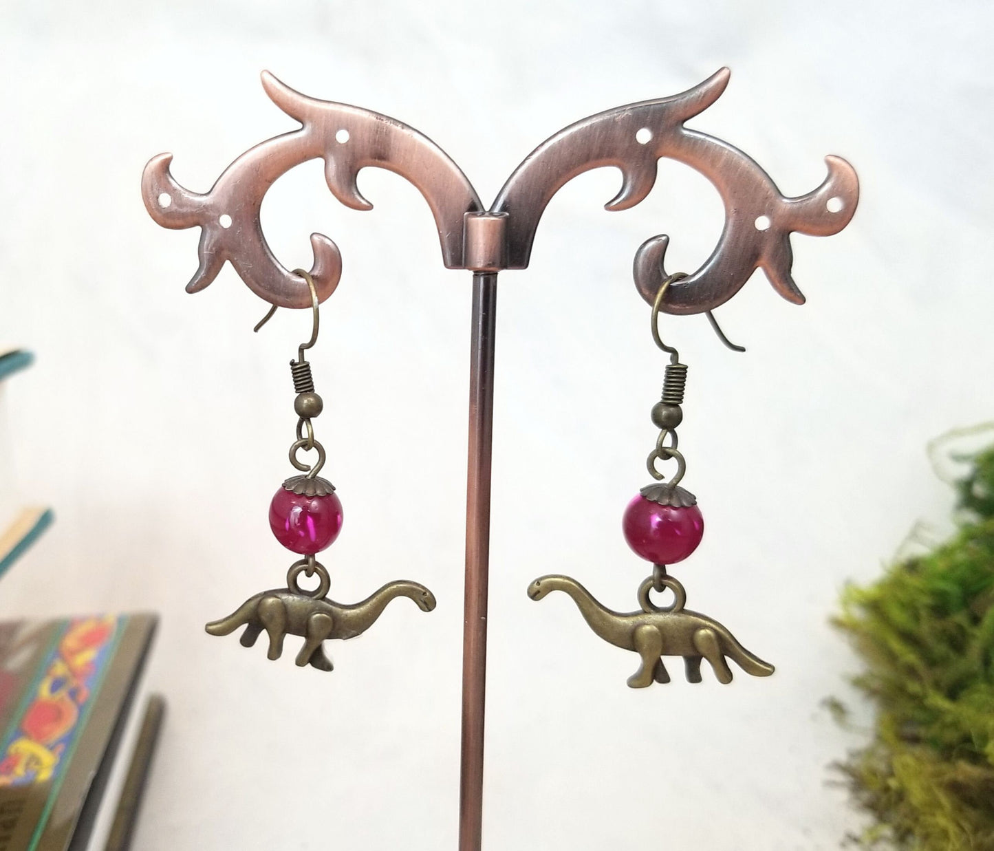 Earrings with Brontosaurus Dinosaur Charms, Steampunk, Wedding, Bridesmaid, Art Nouveau, Garden, Deep Pink, Red, More Colors Available