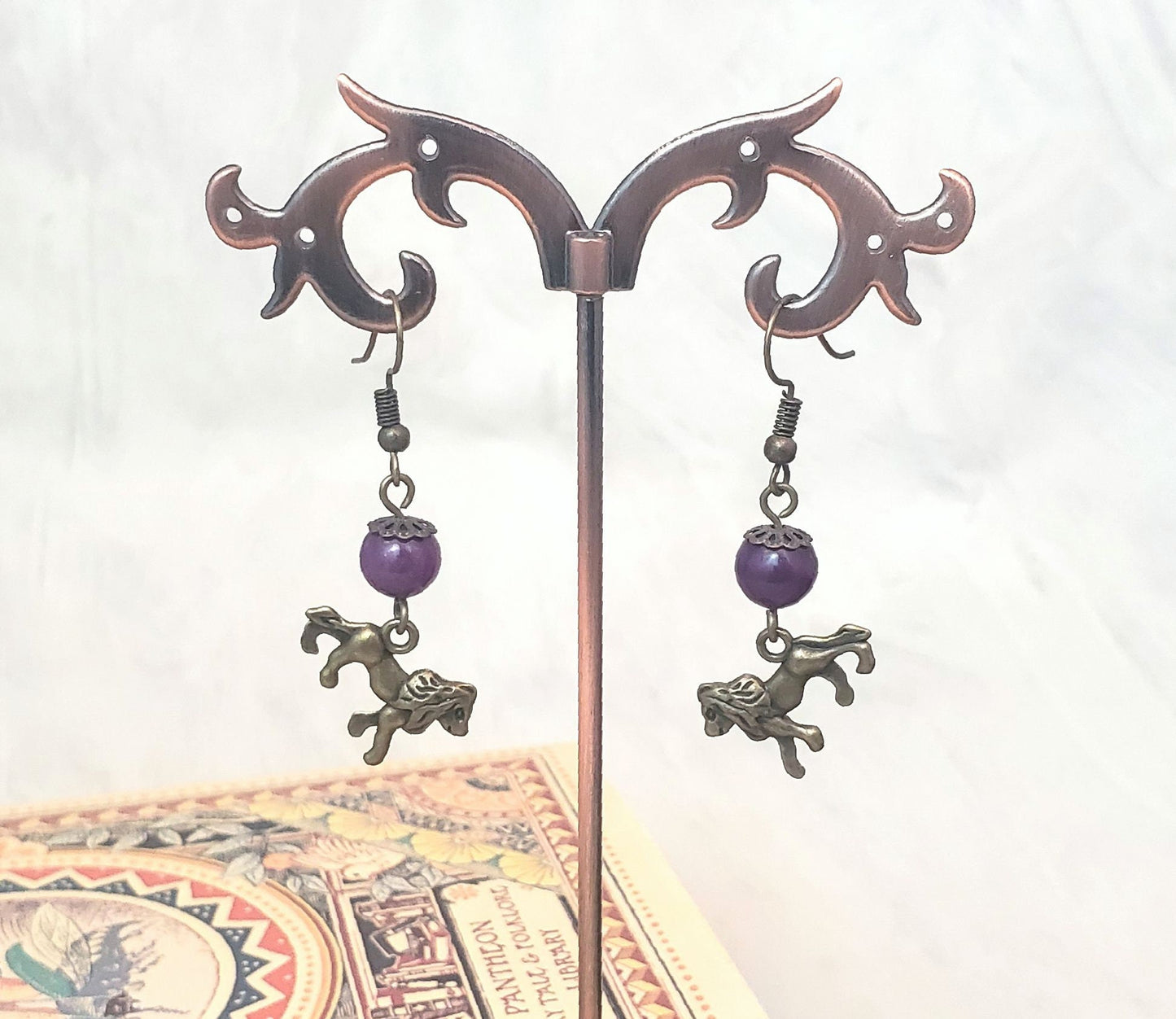 Earrings with Lion Charms, Wedding, Bridesmaid, Art Nouveau, Belle Époque, Renaissance, Garden, Purple, More Colors Available