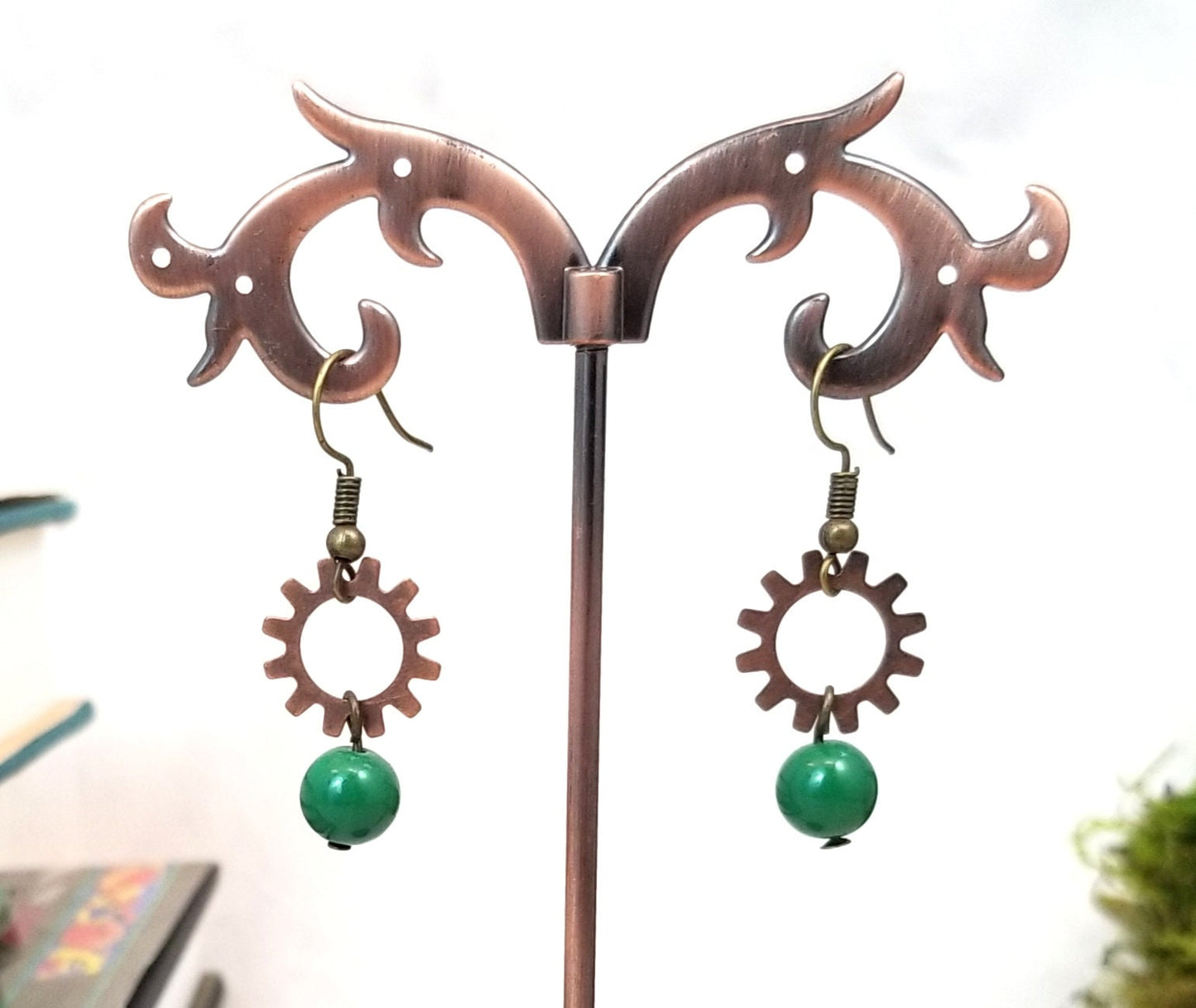 Earrings with Gear Over Bead, Steampunk, Wedding, Bridesmaid, Art Nouveau, Belle Époque, Renaissance, Garden, Choice of Colors