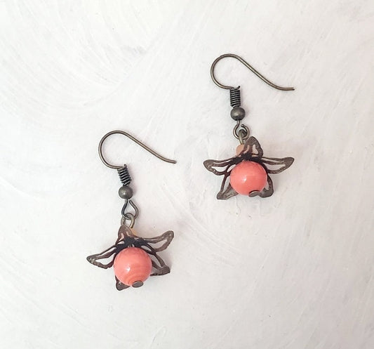 Star Flower Earrings in Coral-Orange, Wedding, Bridesmaid, Art Nouveau, Belle Époque, Renaissance, Garden, Choice of Closure Types
