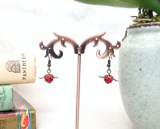 Star Flower Earrings in Red, Wedding, Bridesmaid, Art Nouveau, Belle Époque, Renaissance, Garden, Choice of Closure Types