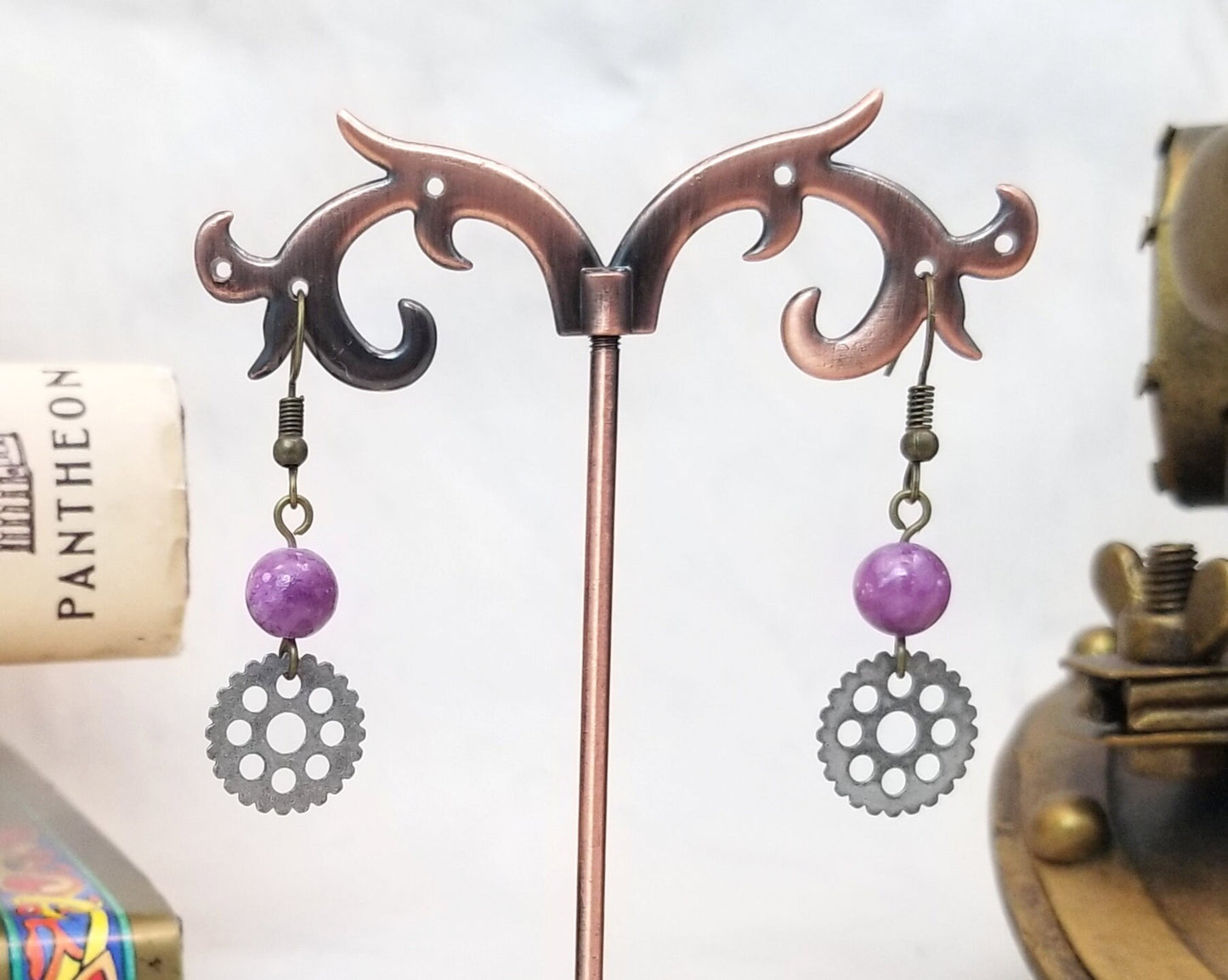 Steampunk Earrings with Beads Over Gears, Party, Wedding, Bridesmaid, Choice of Colors