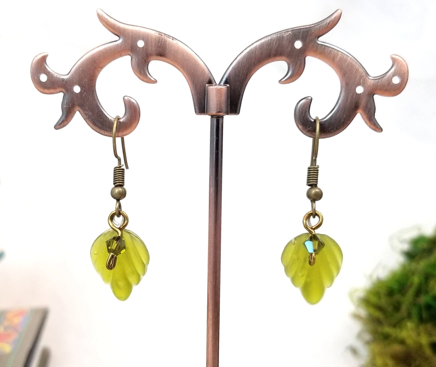 Small Glass Leaf Earrings in Frosted Olive Green, Wedding, Bridesmaid, Art Nouveau, Renaissance, Forest, Choice of Closure Types