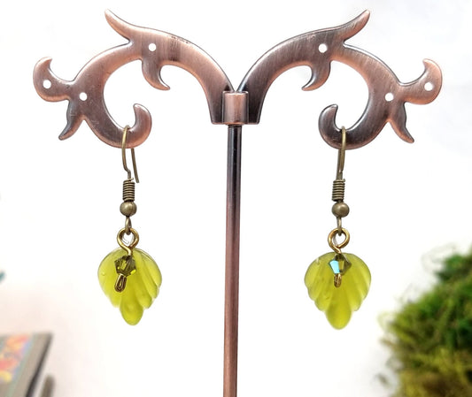Small Glass Leaf Earrings in Frosted Olive Green, Wedding, Bridesmaid, Art Nouveau, Renaissance, Forest, Choice of Closure Types