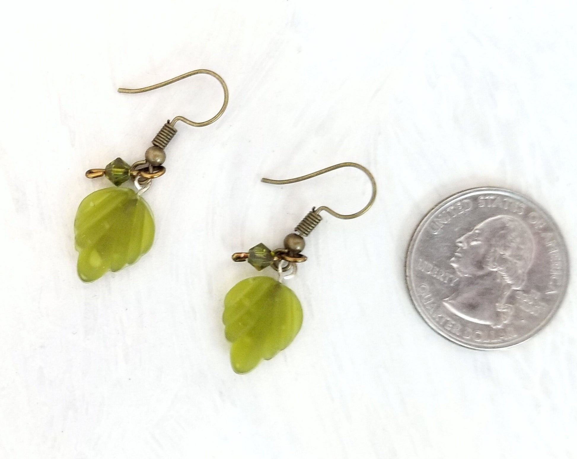 Small Glass Leaf Earrings in Frosted Olive Green, Wedding, Bridesmaid, Art Nouveau, Renaissance, Forest, Choice of Closure Types