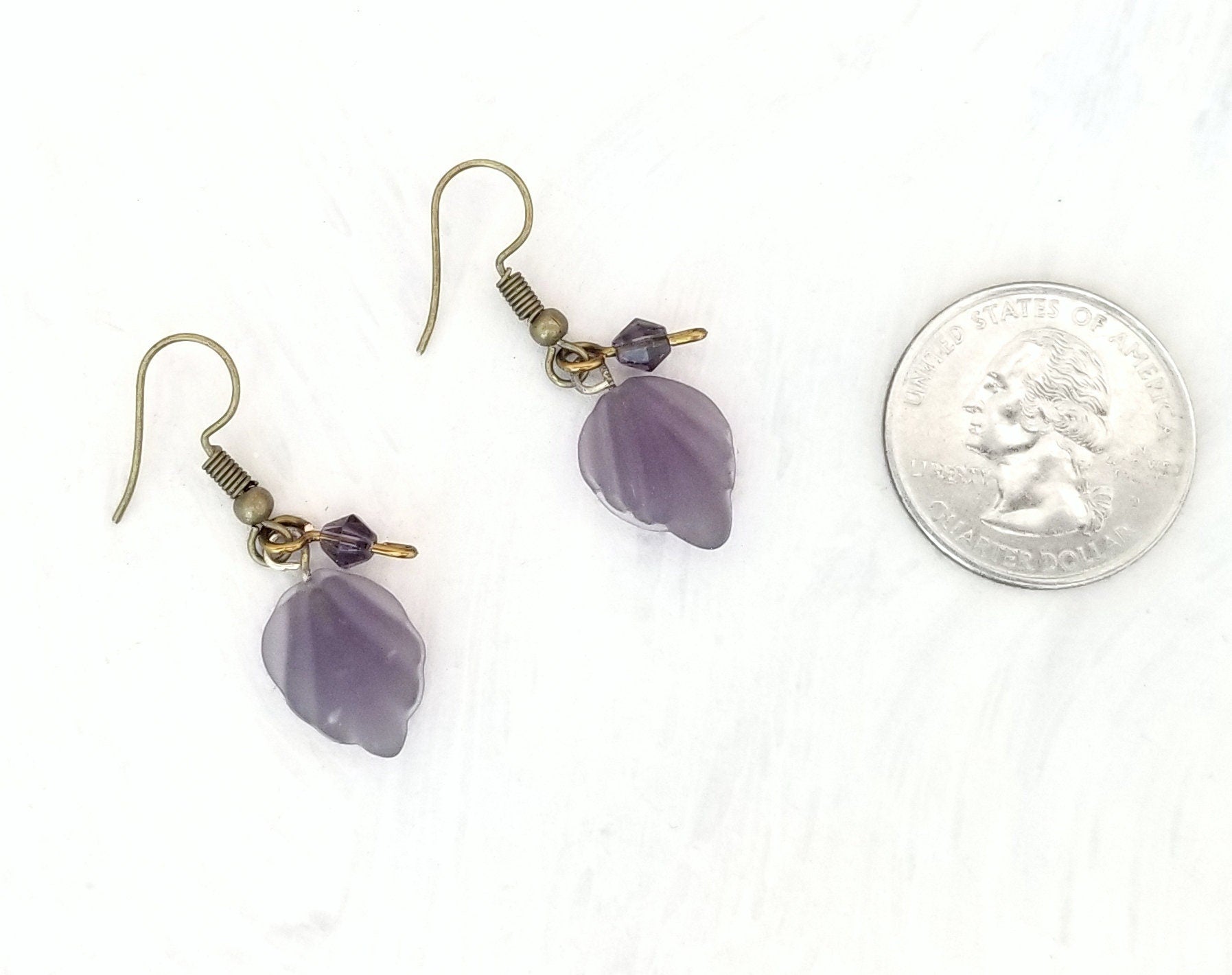 Small Glass Leaf Earrings in Frosted Purple, Wedding, Bridesmaid, Art Nouveau, Renaissance, Belle Epoque, Forest, Choice of Closure Types