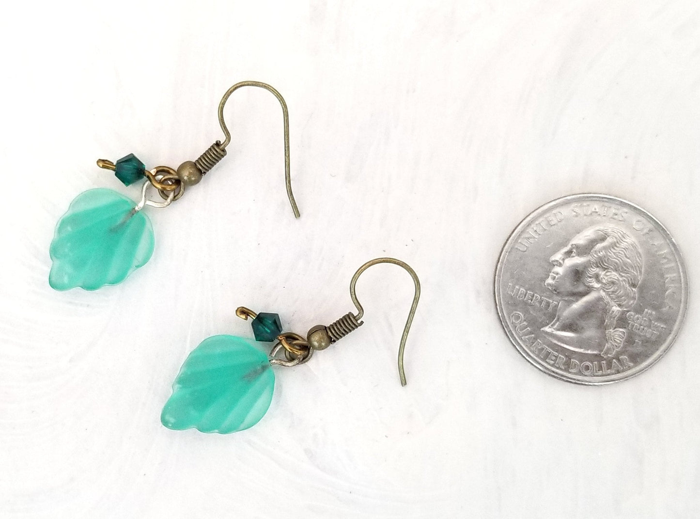 Small Glass Leaf Earrings in Frosted Aqua Blue Green, Wedding, Bridesmaid, Art Nouveau, Renaissance, Forest, Choice of Closure Types