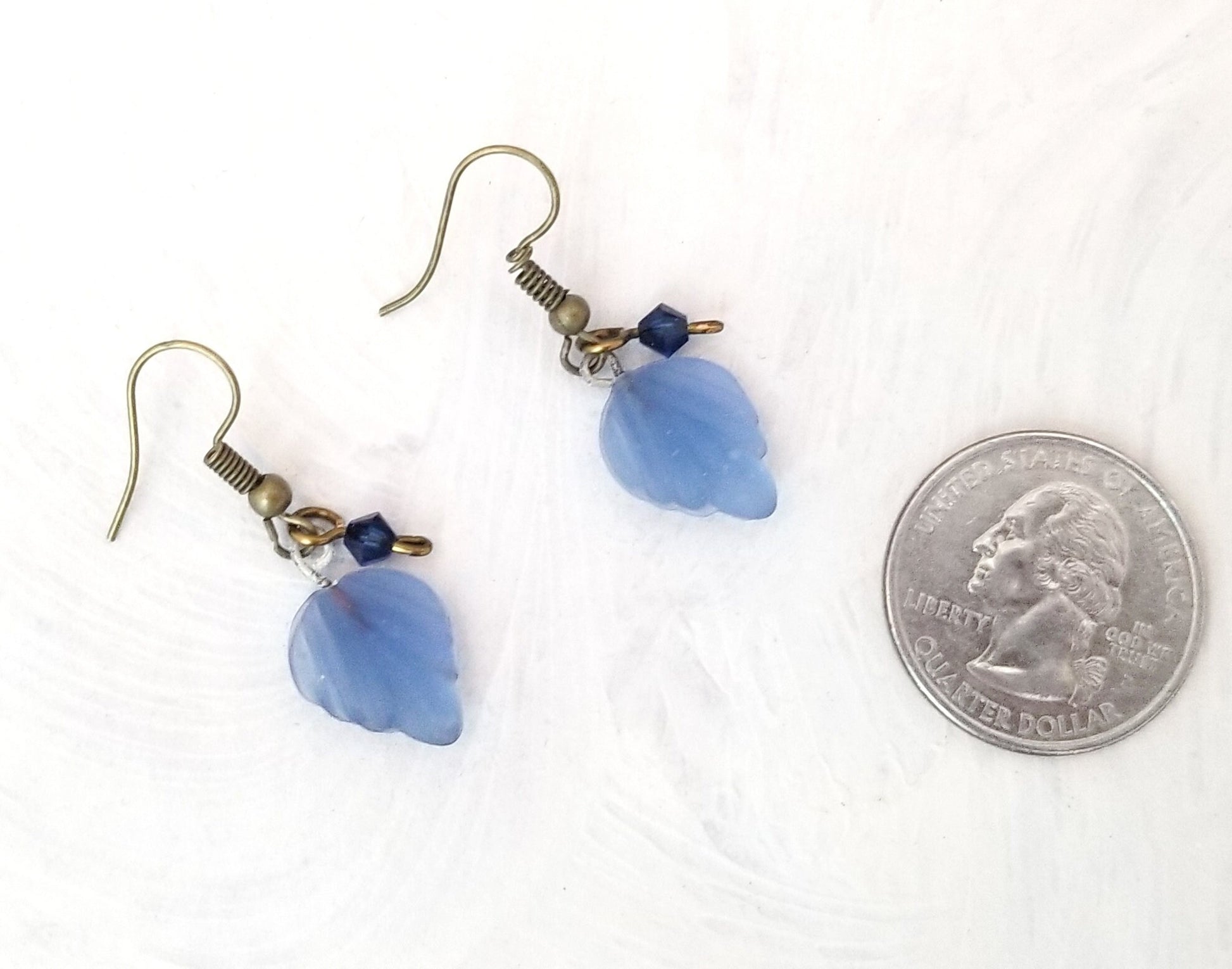 Small Glass Leaf Earrings in Frosted Blue, Wedding, Bridesmaid, Art Nouveau, Renaissance, Belle Epoque, Forest, Choice of Closure Types