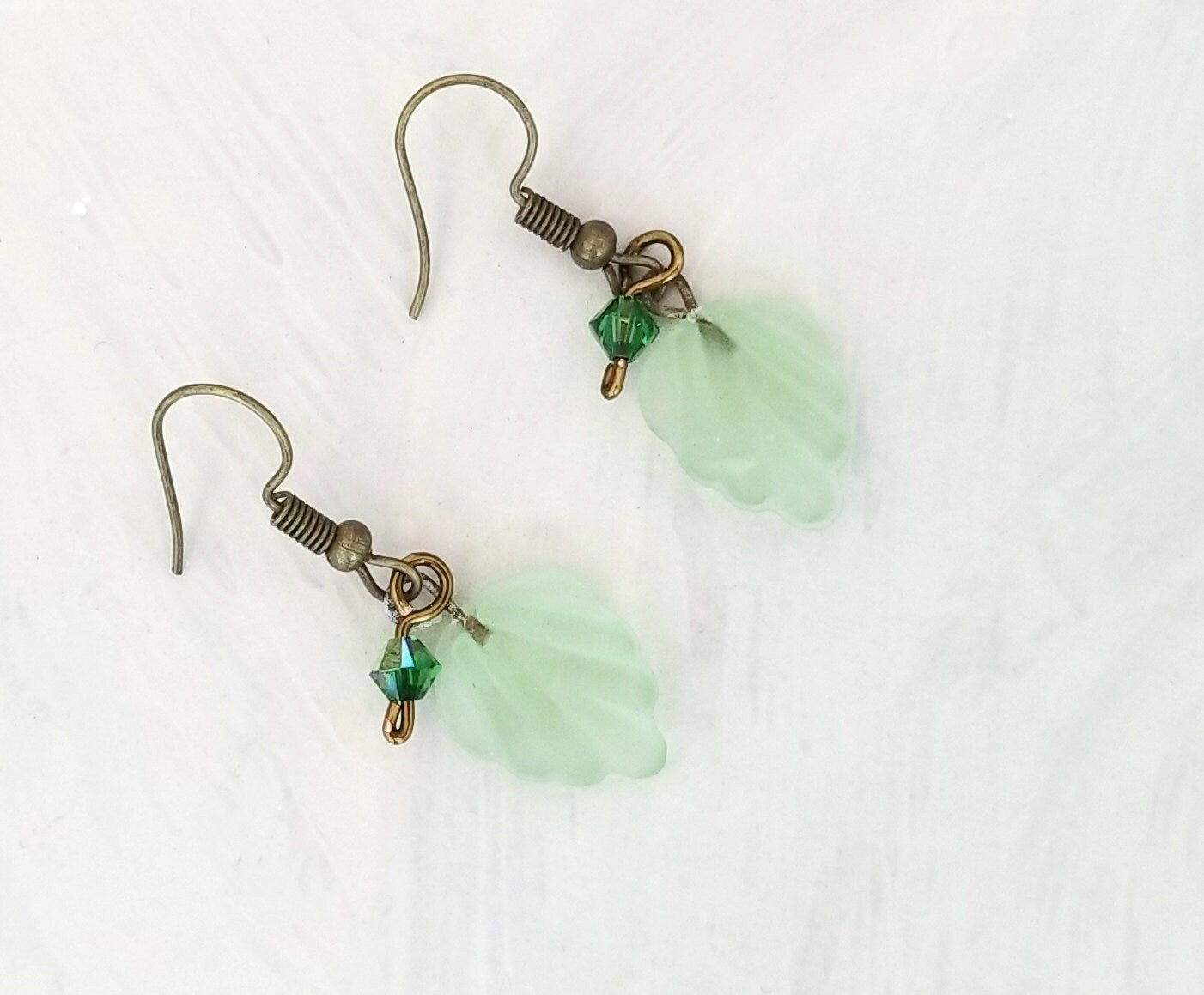 Small Glass Leaf Earrings in Frosted Light Green, Wedding, Bridesmaid, Art Nouveau, Renaissance, Forest, Choice of Closure Types