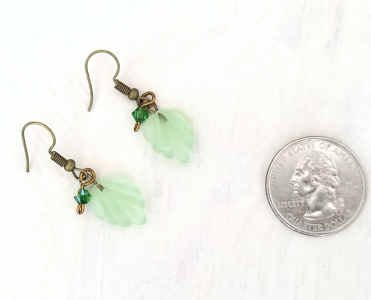 Small Glass Leaf Earrings in Frosted Light Green, Wedding, Bridesmaid, Art Nouveau, Renaissance, Forest, Choice of Closure Types