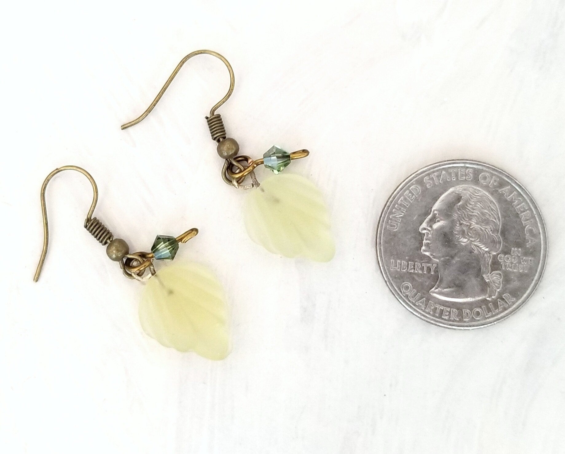 Small Glass Leaf Earrings in Frosted Light Greenish Yellow, Wedding, Bridesmaid, Art Nouveau, Renaissance, Forest, Choice of Closure Types