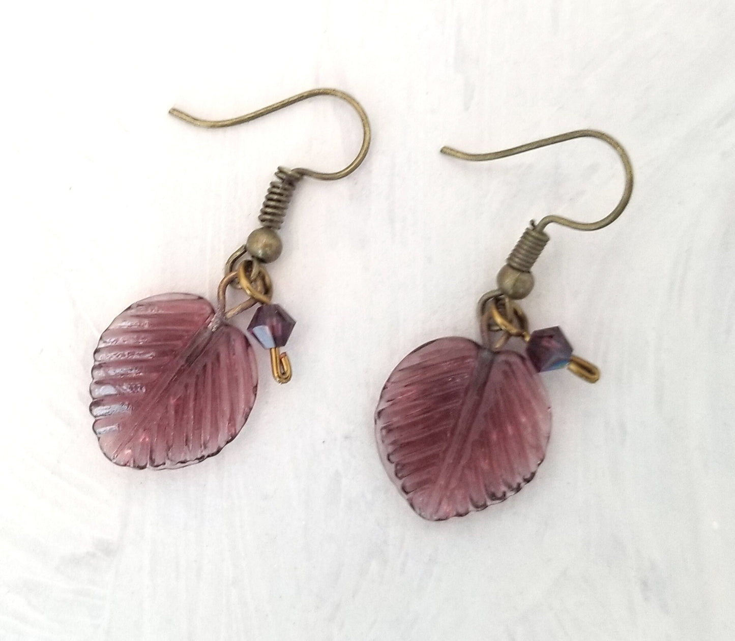 Medium Glass Leaf Earrings in Wine Purple, Wedding, Bridesmaid, Art Nouveau, Renaissance, Belle Epoque, Forest, Choice of Closure Types