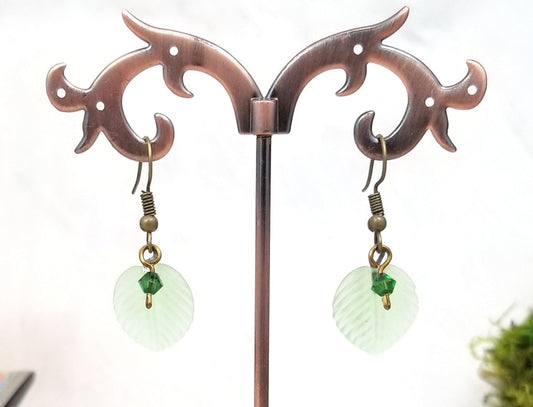 Medium Glass Leaf Earrings in Frosted Light Green, Wedding, Bridesmaid, Art Nouveau, Renaissance, Forest, Choice of Closure Types