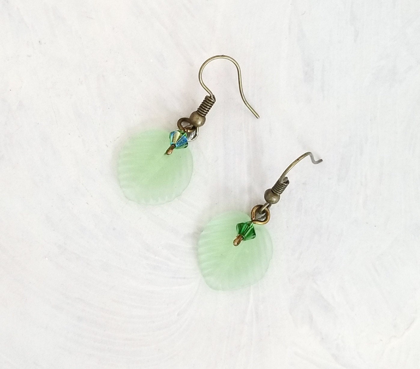 Medium Glass Leaf Earrings in Frosted Light Green, Wedding, Bridesmaid, Art Nouveau, Renaissance, Forest, Choice of Closure Types