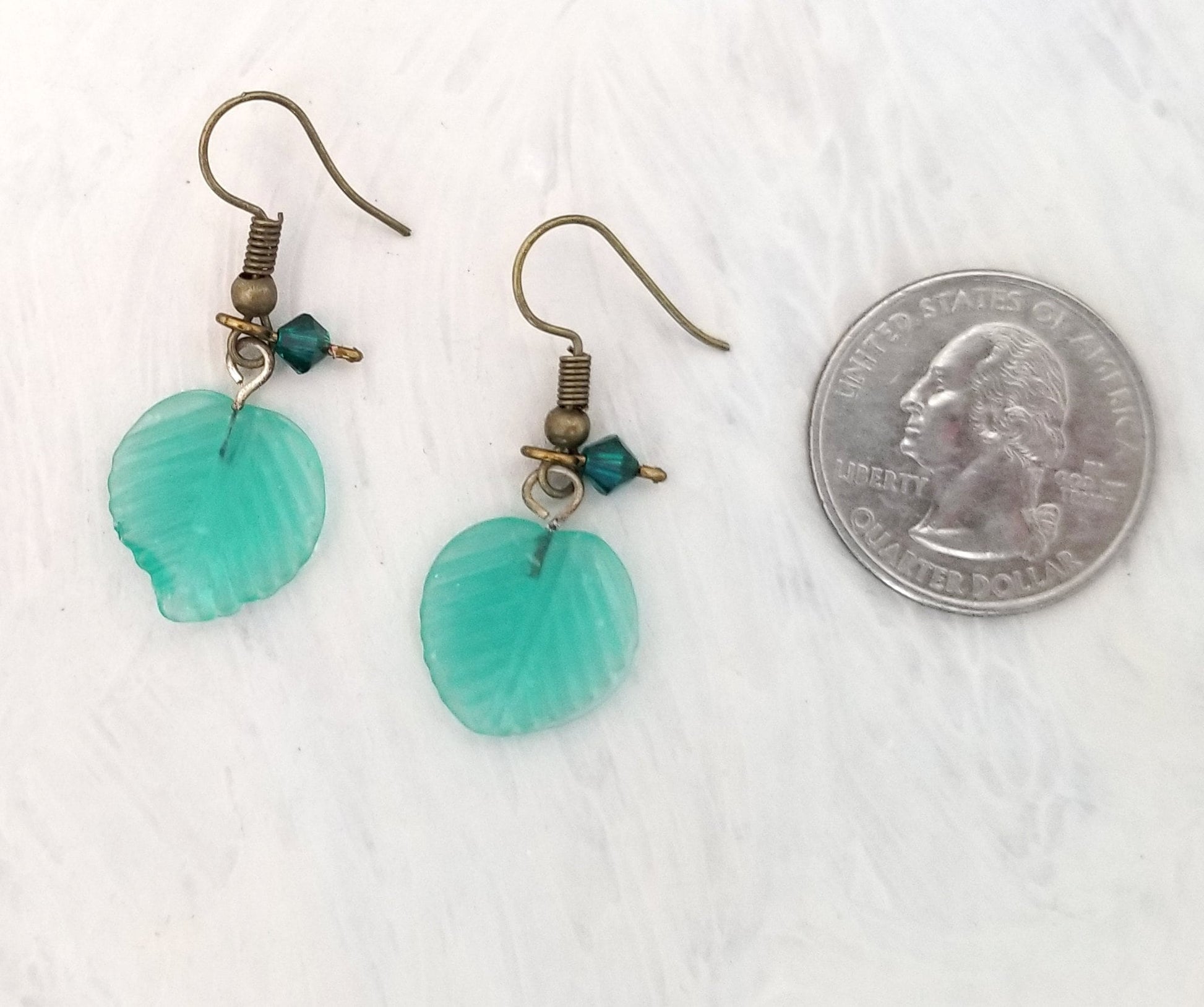 Medium Glass Leaf Earrings in Frosted Aqua Sea Blue Green, Wedding, Bridesmaid, Art Nouveau, Renaissance, Forest, Choice of Closure Types