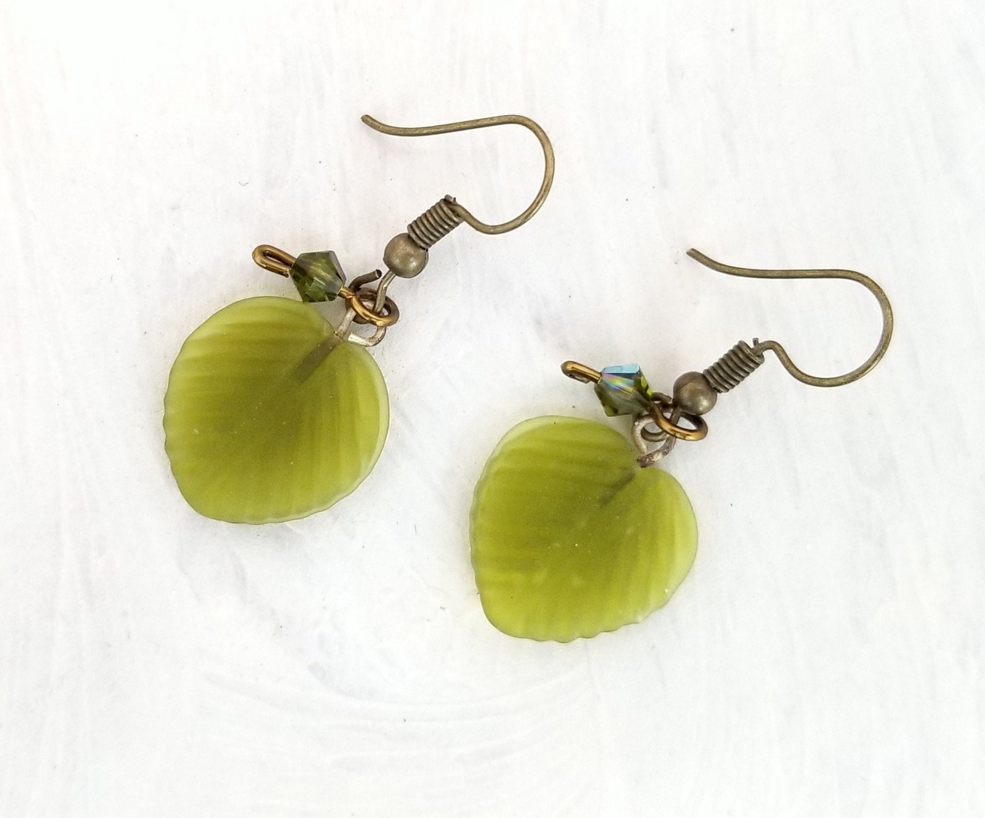 Medium Glass Leaf Earrings in Frosted Olive Green, Wedding, Bridesmaid, Art Nouveau, Renaissance, Forest, Choice of Closure Types