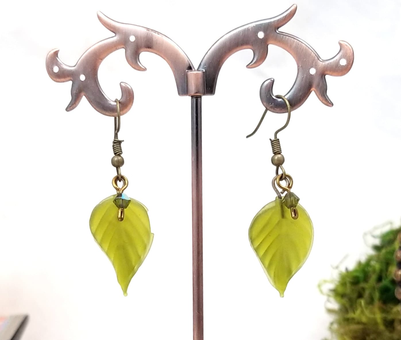 Long Glass Leaf Earrings in Frosted Olive Green, Wedding, Bridesmaid, Art Nouveau, Renaissance, Forest, Choice of Closure Types