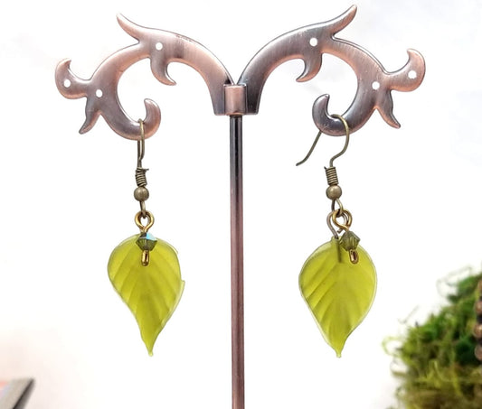 Long Glass Leaf Earrings in Frosted Olive Green, Wedding, Bridesmaid, Art Nouveau, Renaissance, Forest, Choice of Closure Types