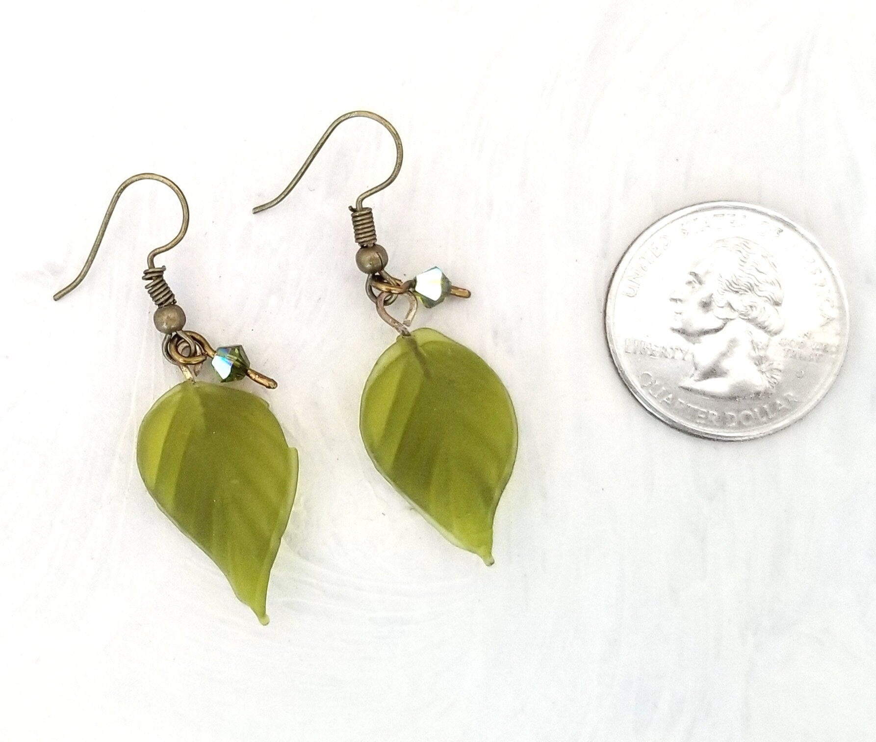 Long Glass Leaf Earrings in Frosted Olive Green, Wedding, Bridesmaid, Art Nouveau, Renaissance, Forest, Choice of Closure Types