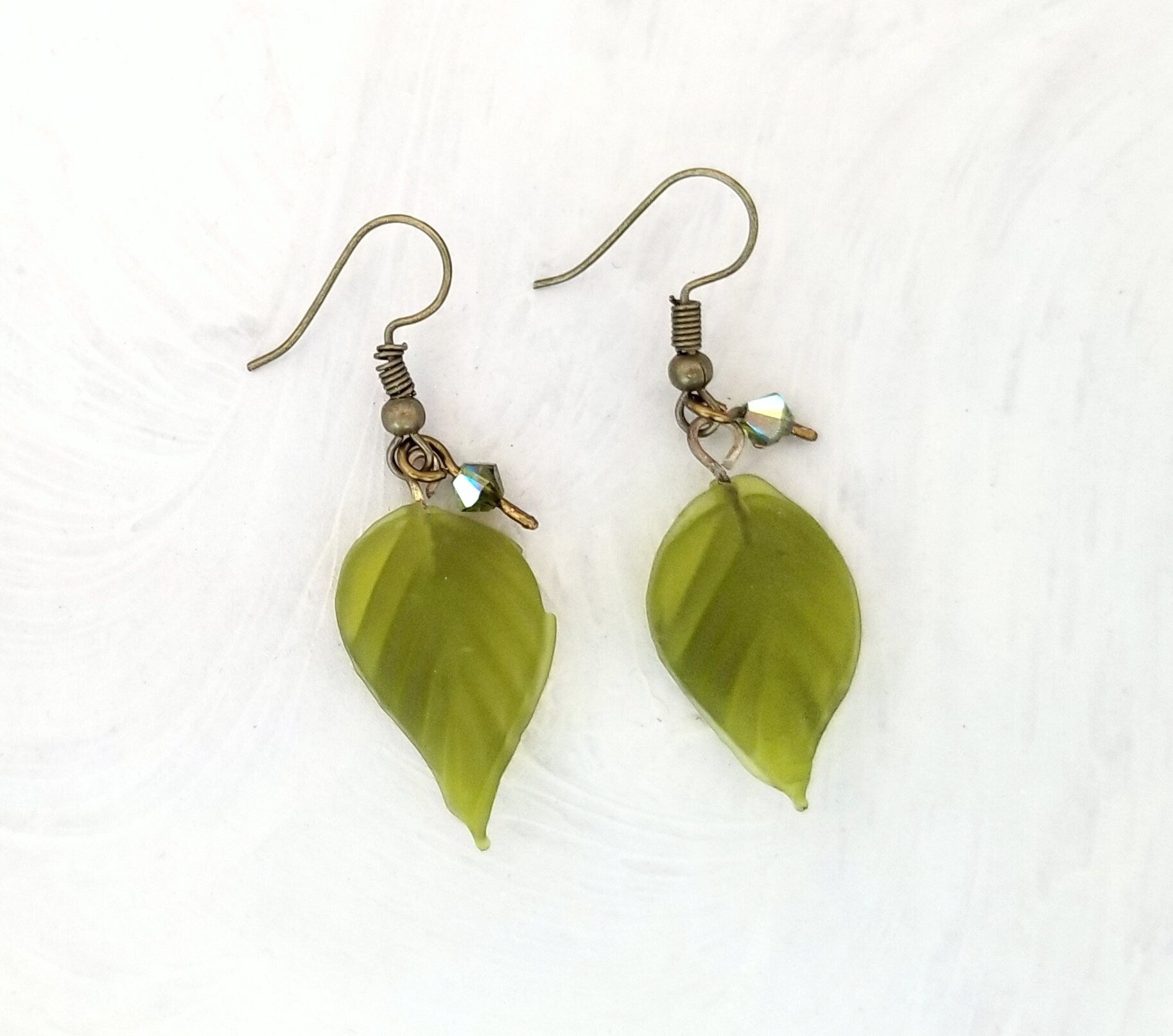 Long Glass Leaf Earrings in Frosted Olive Green, Wedding, Bridesmaid, Art Nouveau, Renaissance, Forest, Choice of Closure Types
