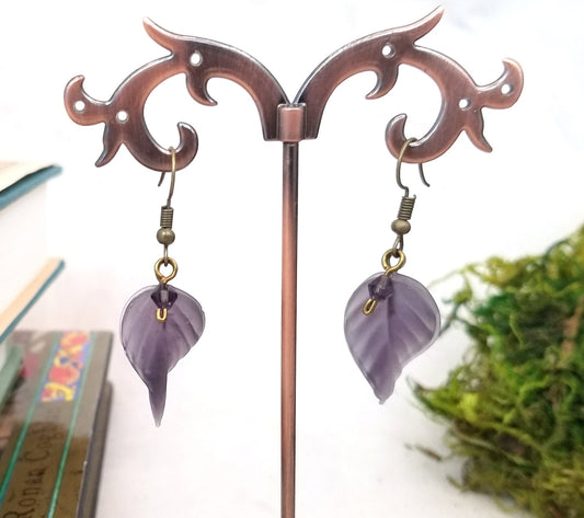 Long Glass Leaf Earrings in Frosted Purple, Wedding, Bridesmaid, Art Nouveau, Renaissance, Belle Epoque, Forest, Choice of Closure Types