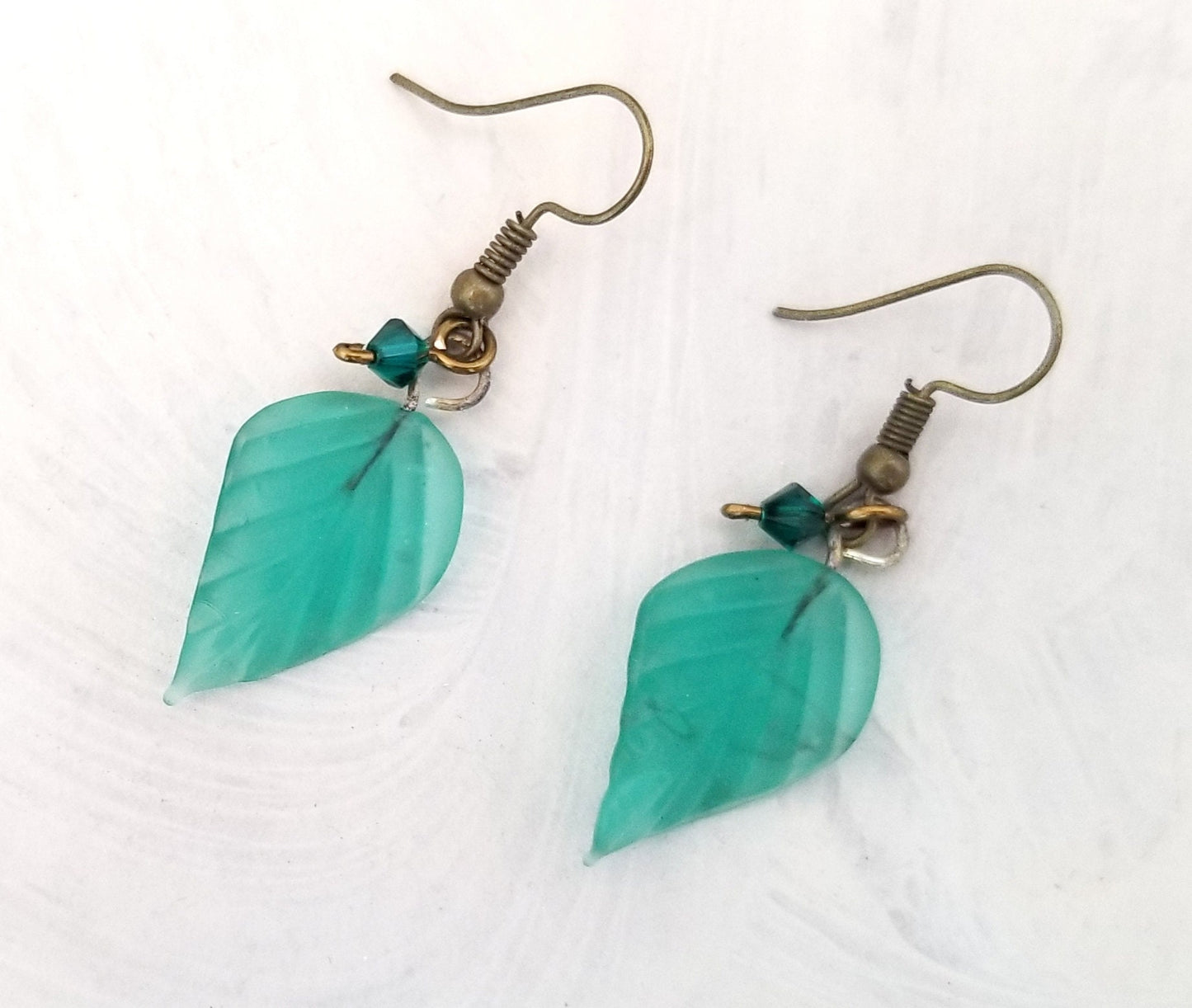 Long Glass Leaf Earrings in Frosted Aqua Sea Blue Green, Wedding, Bridesmaid, Art Nouveau, Renaissance, Forest, Choice of Closure Types