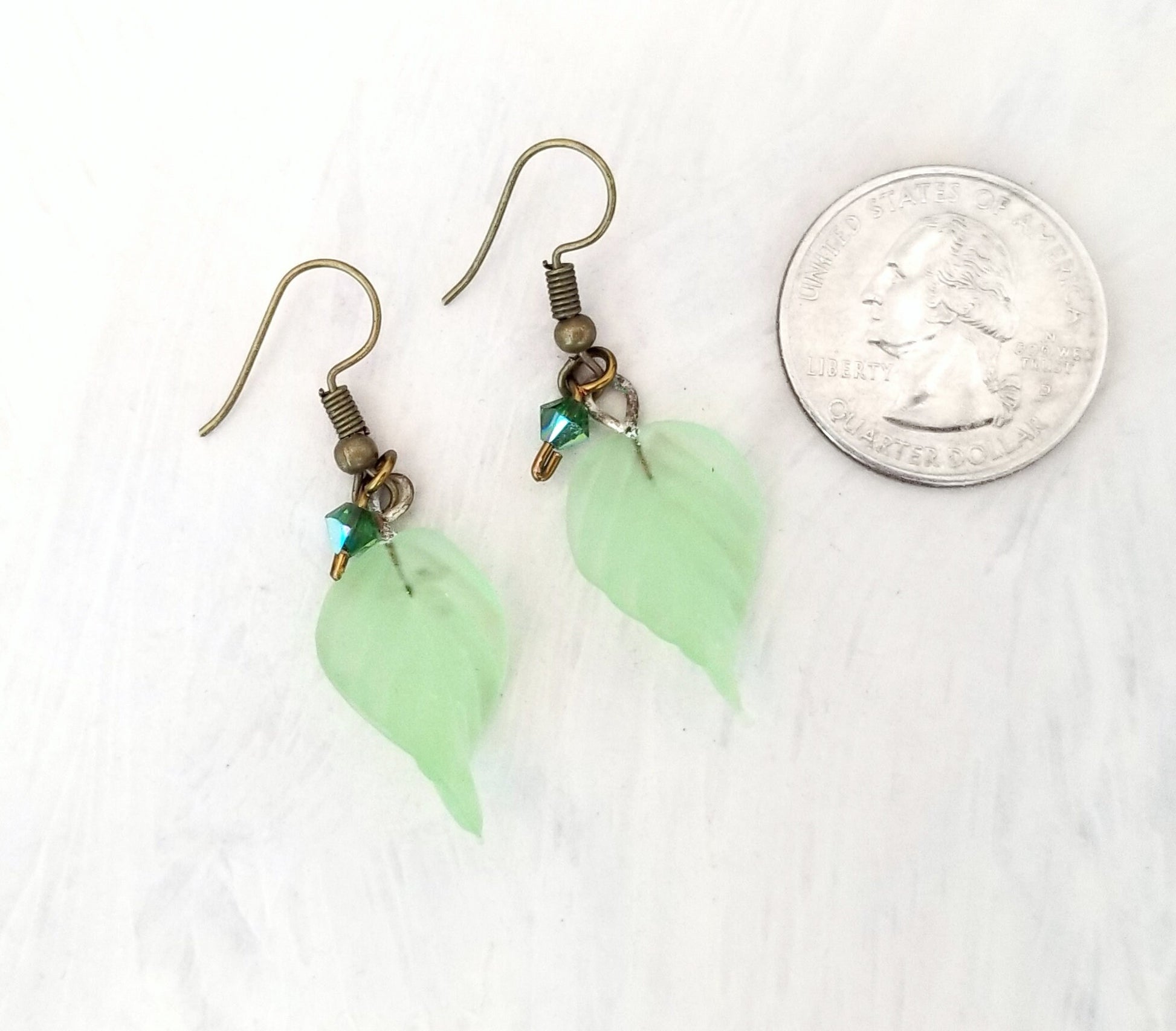 Long Glass Leaf Earrings in Frosted Light Green, Wedding, Bridesmaid, Art Nouveau, Renaissance, Forest, Choice of Closure Types